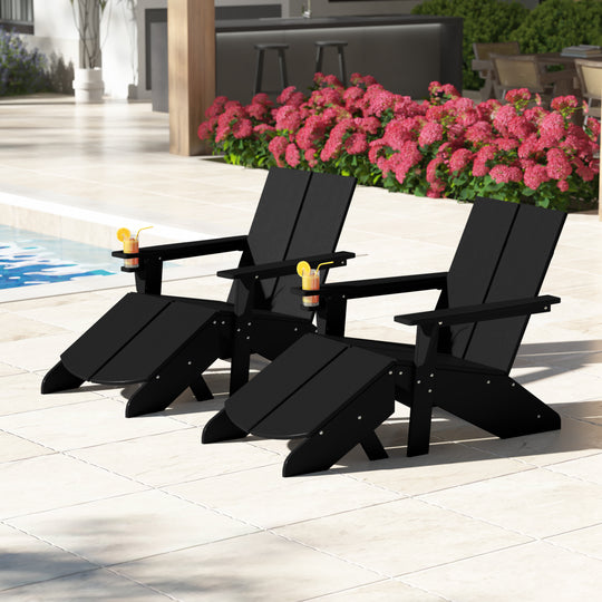 Riviera Outdoor 4-Piece HDPE Modern Adirondack Chairs Set with Folding Patio Ottomans and Cup Holder