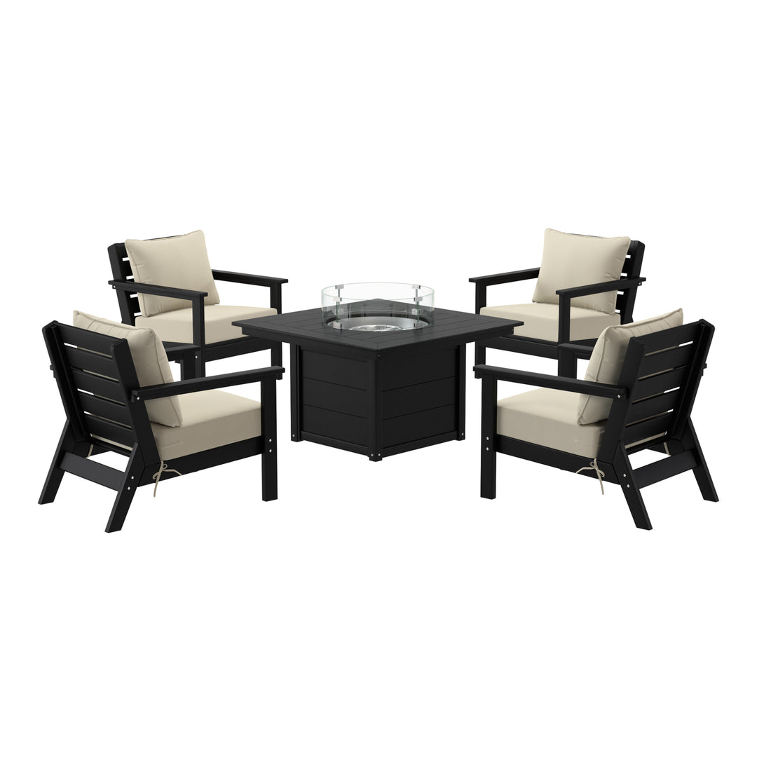 Avalon 5-Piece HDPE Patio Conversation Set with Cushions &amp; Square 42" Fire Pit Table