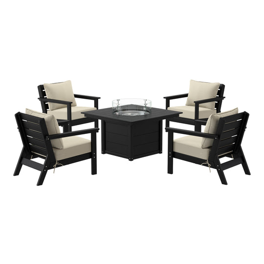 Avalon 5-Piece HDPE Patio Conversation Set with Cushions &amp; Square 42" Fire Pit Table