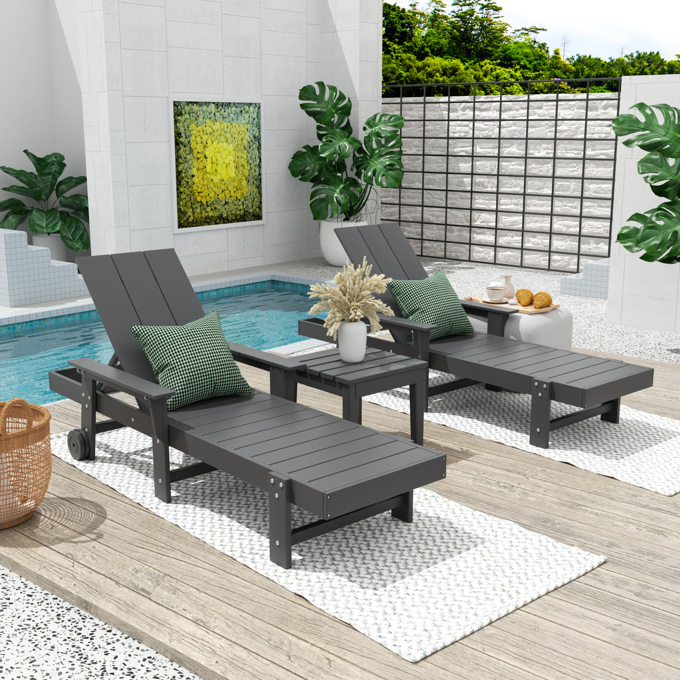 Ashore Modern Poly Reclining Chaise Lounge Set with Side Table