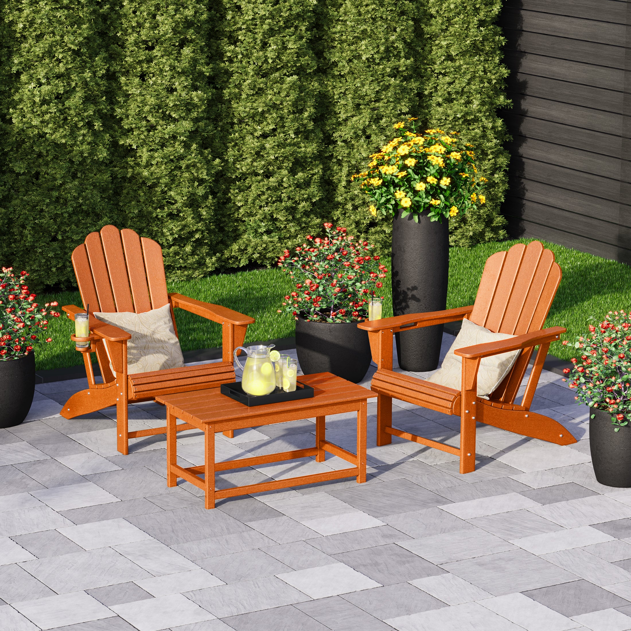 Highland 3-Piece Adirondack Chairs with Cup Holders and Coffee Table Set