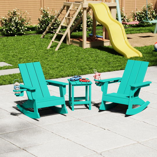 Ashore 3-Piece Kids Modern Rocking Chair With Cup Holder and Square Side Table Set
