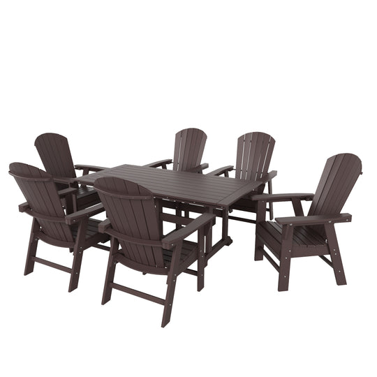 Dylan 7 Piece Outdoor Patio Dining Table and Shell Back Adirondack Armchair Set