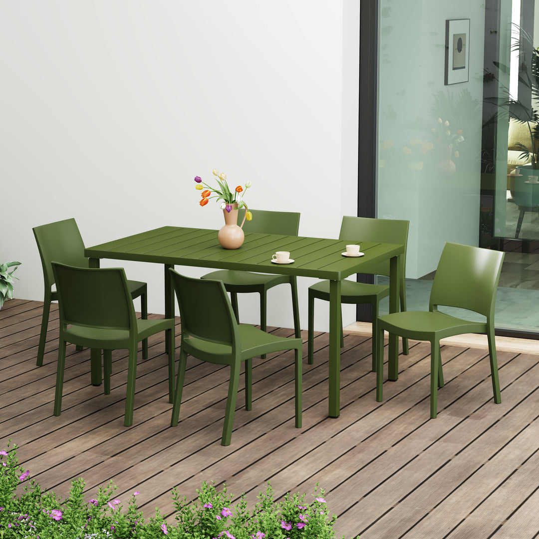 Playa 7-Piece Outdoor Rectangular Metal Patio Dining Table Set With Stackable Resin Patio Side Chairs