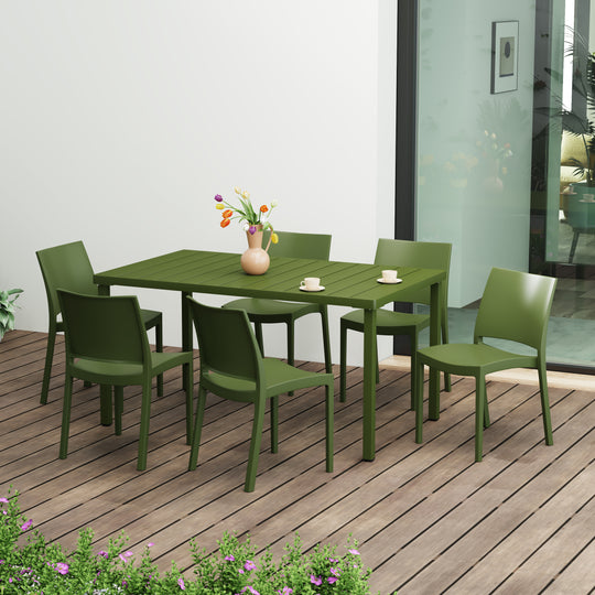 Playa 7-Piece Outdoor Rectangular Metal Patio Dining Table Set With Stackable Resin Patio Side Chairs