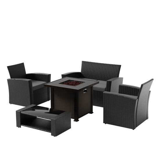 Coastal 4-Piece Black Outdoor Patio Conversation Sofa Set with Square Fire Pit Table