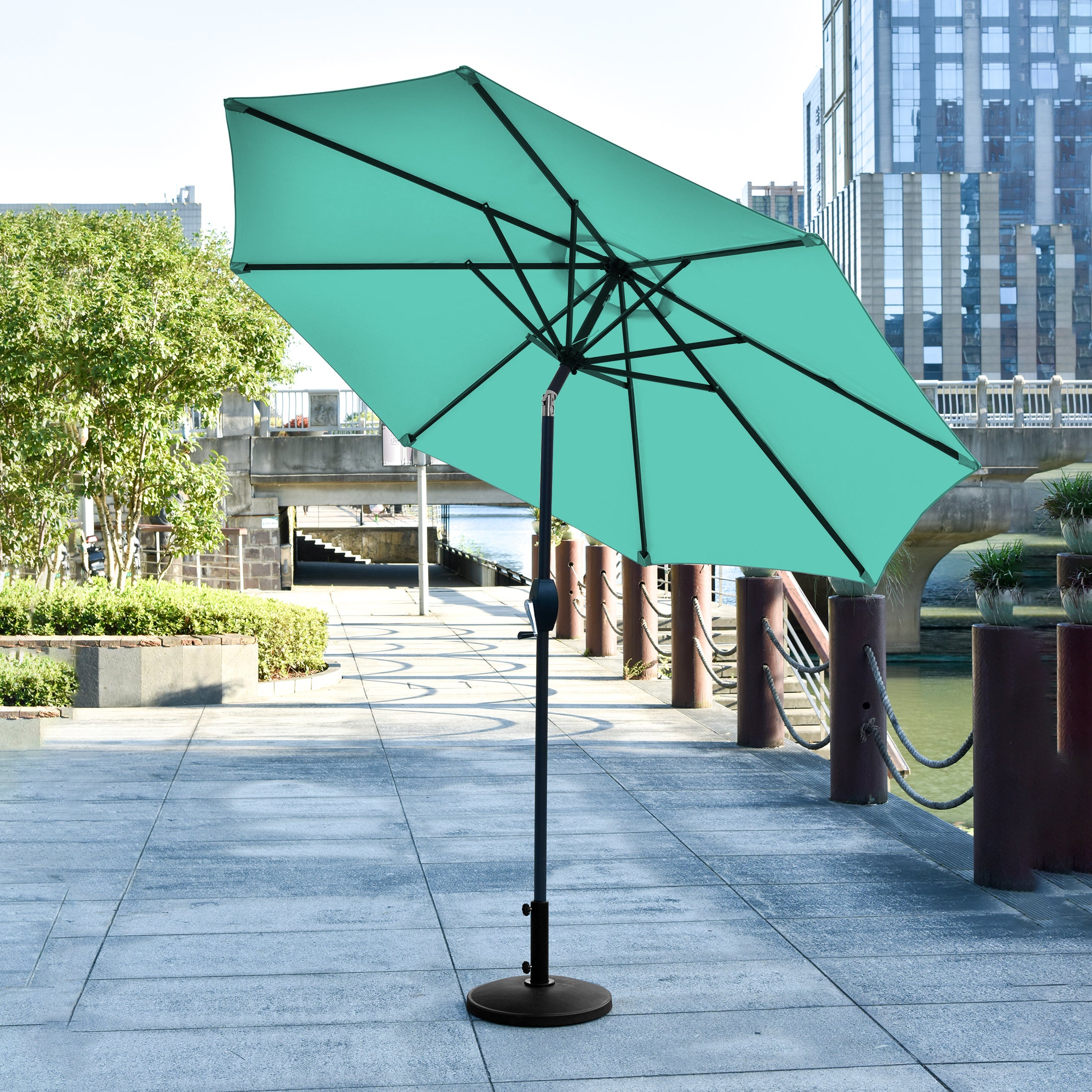 free standing teal patio umbrella 9FT with Auto Tilt Available in a sleek and modern Black PURPLE LEAF Poolside Shade Umbrella