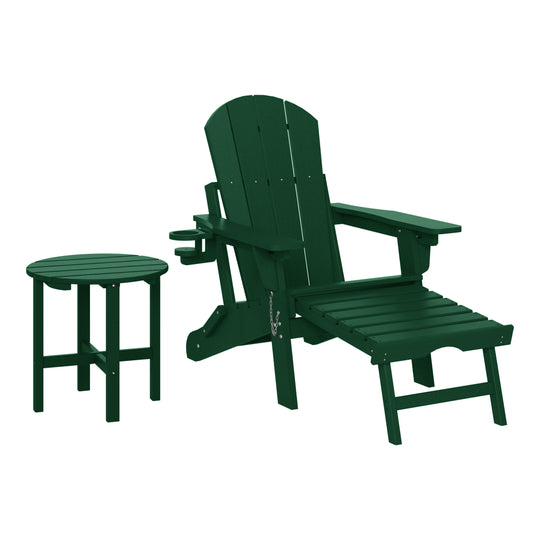 Malibu 2-Piece Outdoor Folding Adjustable Adirondack Chair with Cup Holder & Hideaway Ottoman and 18" Side Table