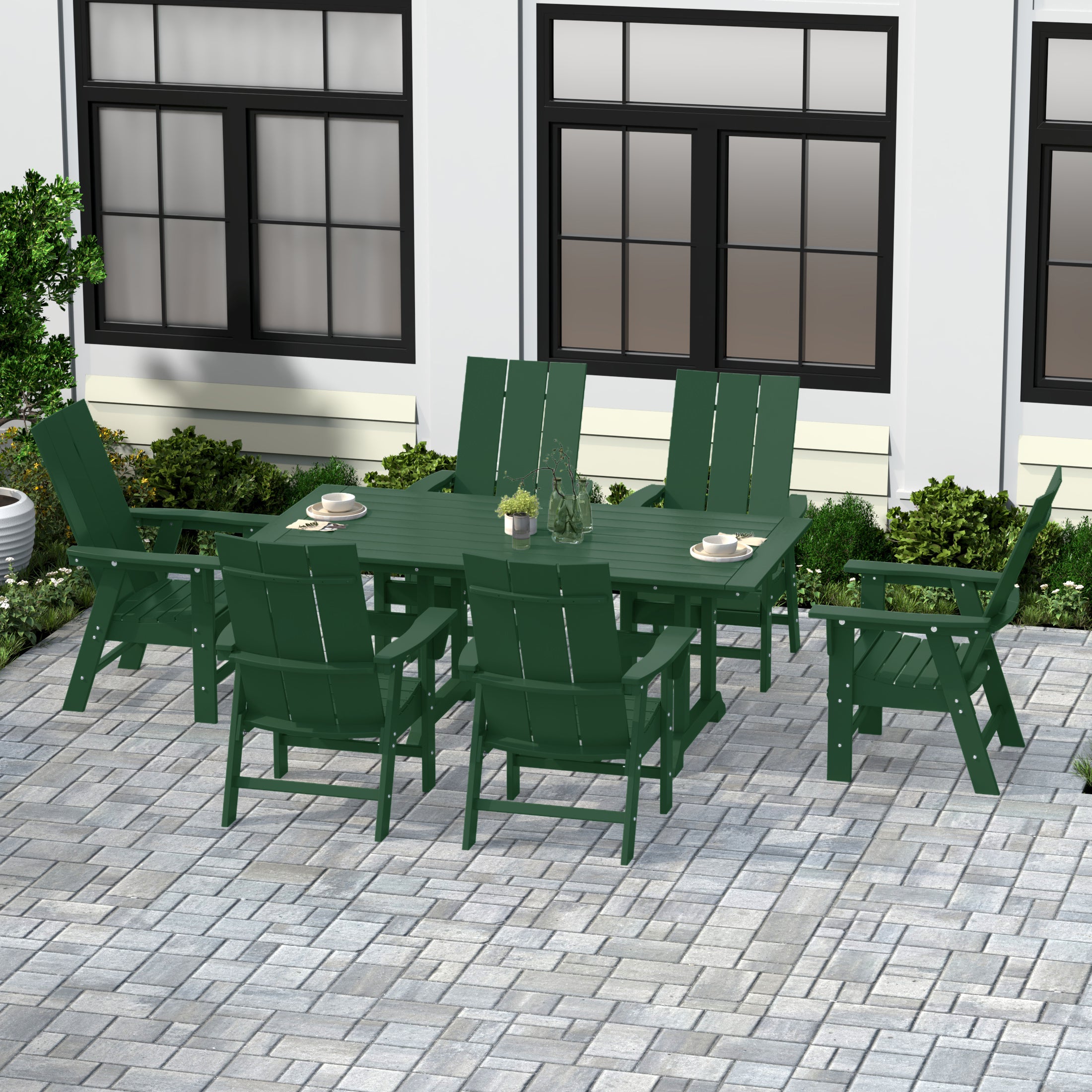 Ashore 7 Piece Outdoor Patio Dining Table and Modern Adirondack Armchair Set