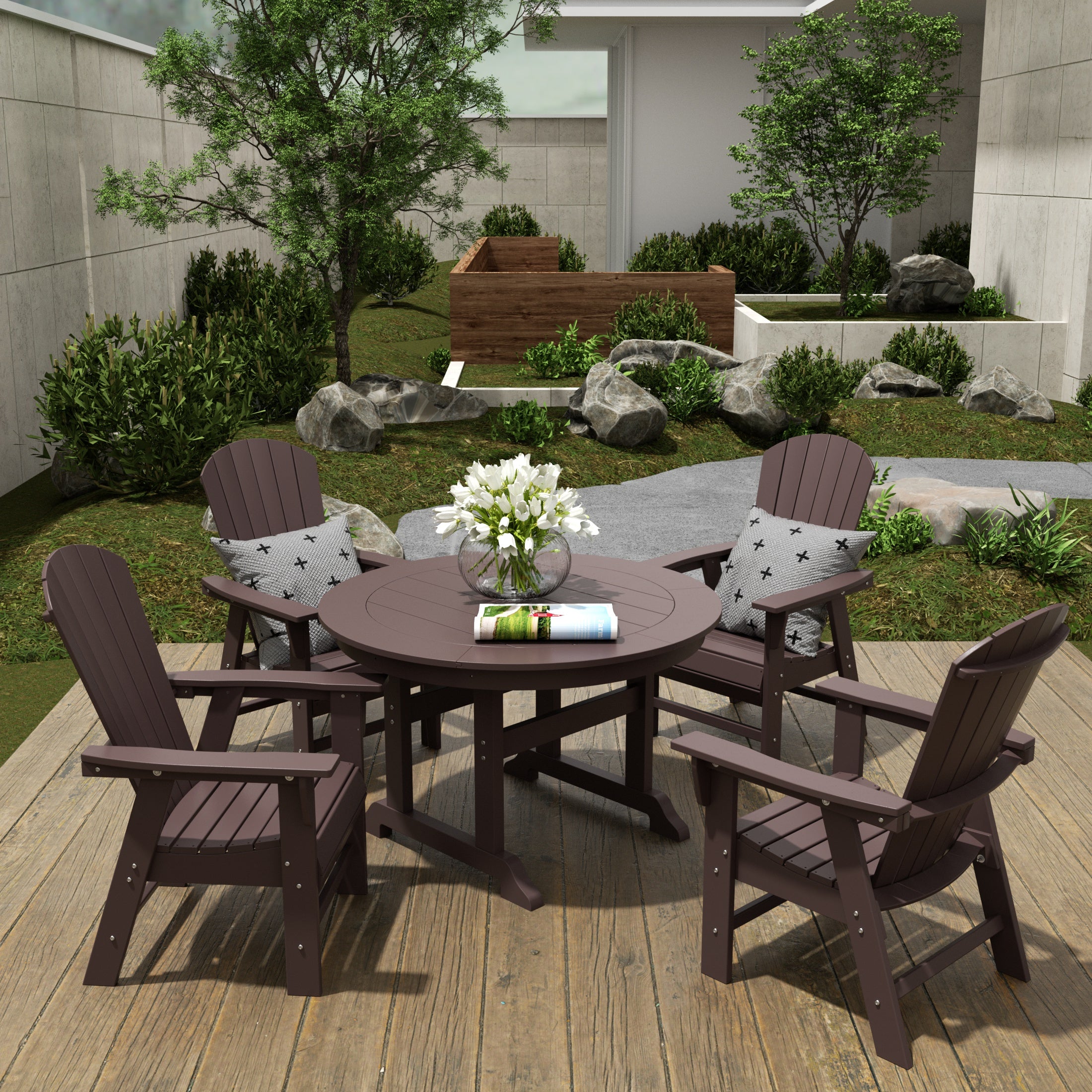 Dylan 5 Piece Outdoor Patio Dining Round Table and Shell Back Armchair Set