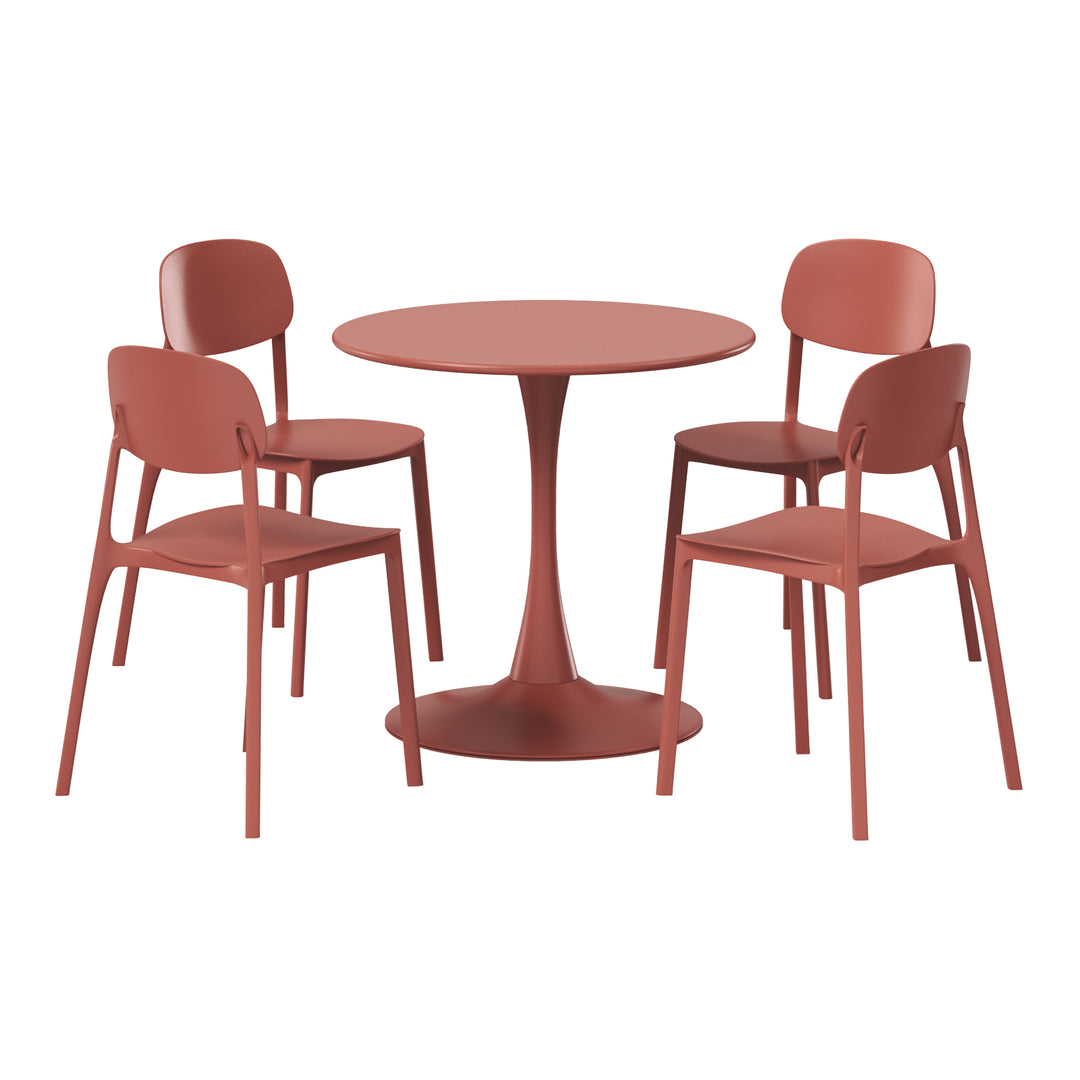 Playa 5-Piece Indoor Outdoor Metal Round Patio Dining Table Set With Stackable Resin Patio Side Chairs