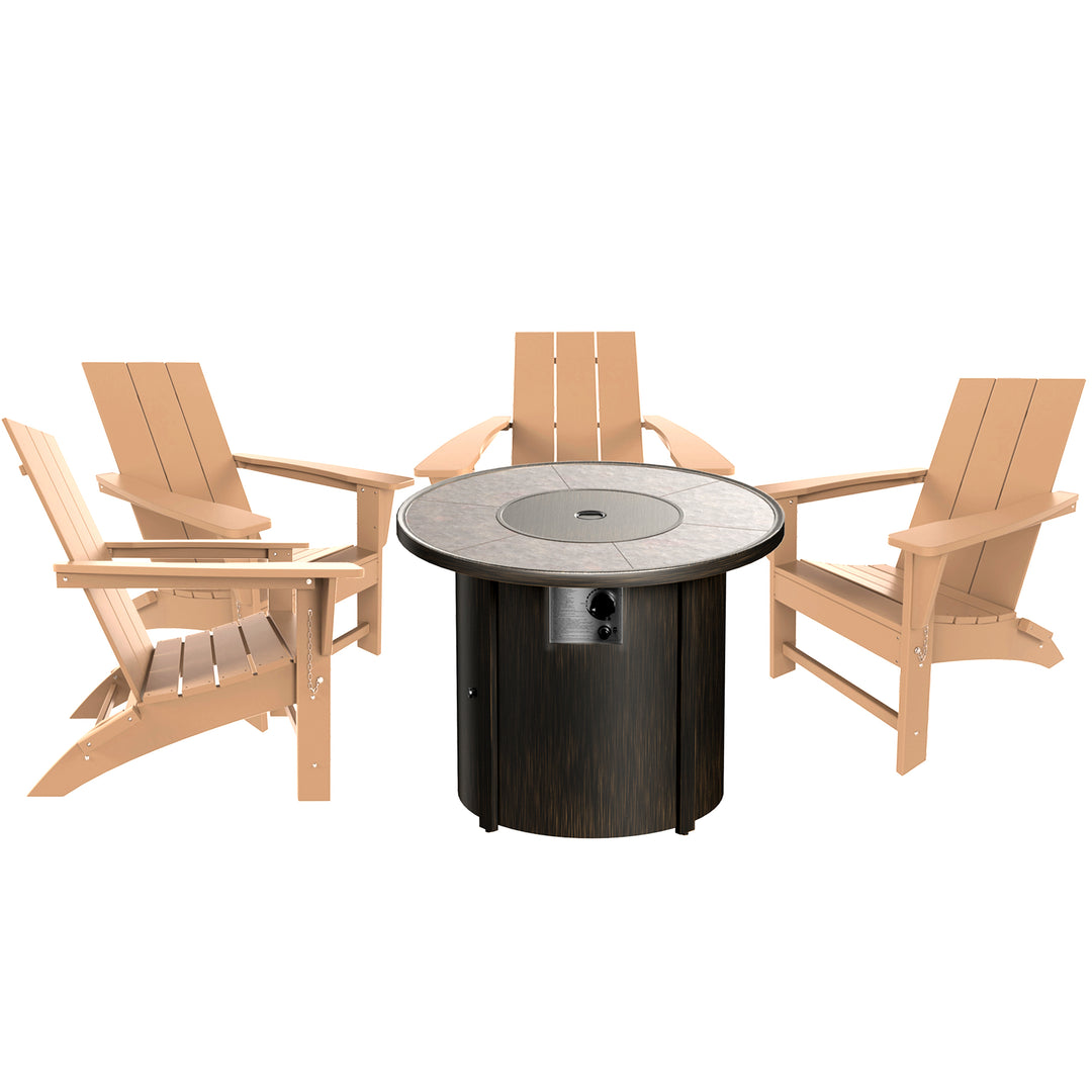 Ashore Modern Folding Poly Adirondack Chair With Round Fire Pit Table