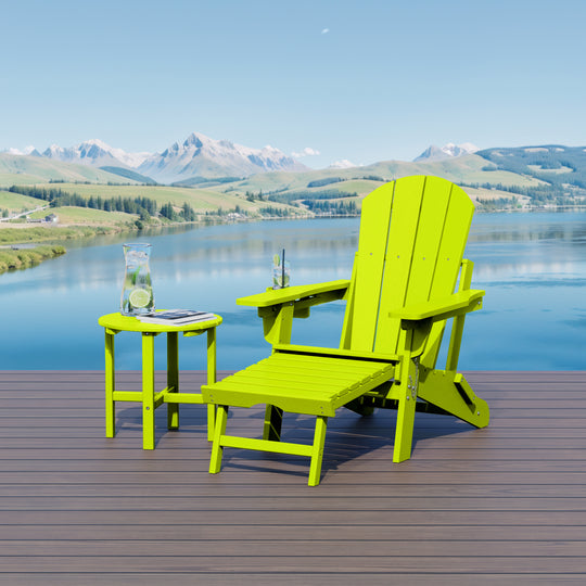 Malibu 2-Piece Outdoor Folding Adjustable Adirondack Chair with Cup Holder & Hideaway Ottoman and 18" Side Table