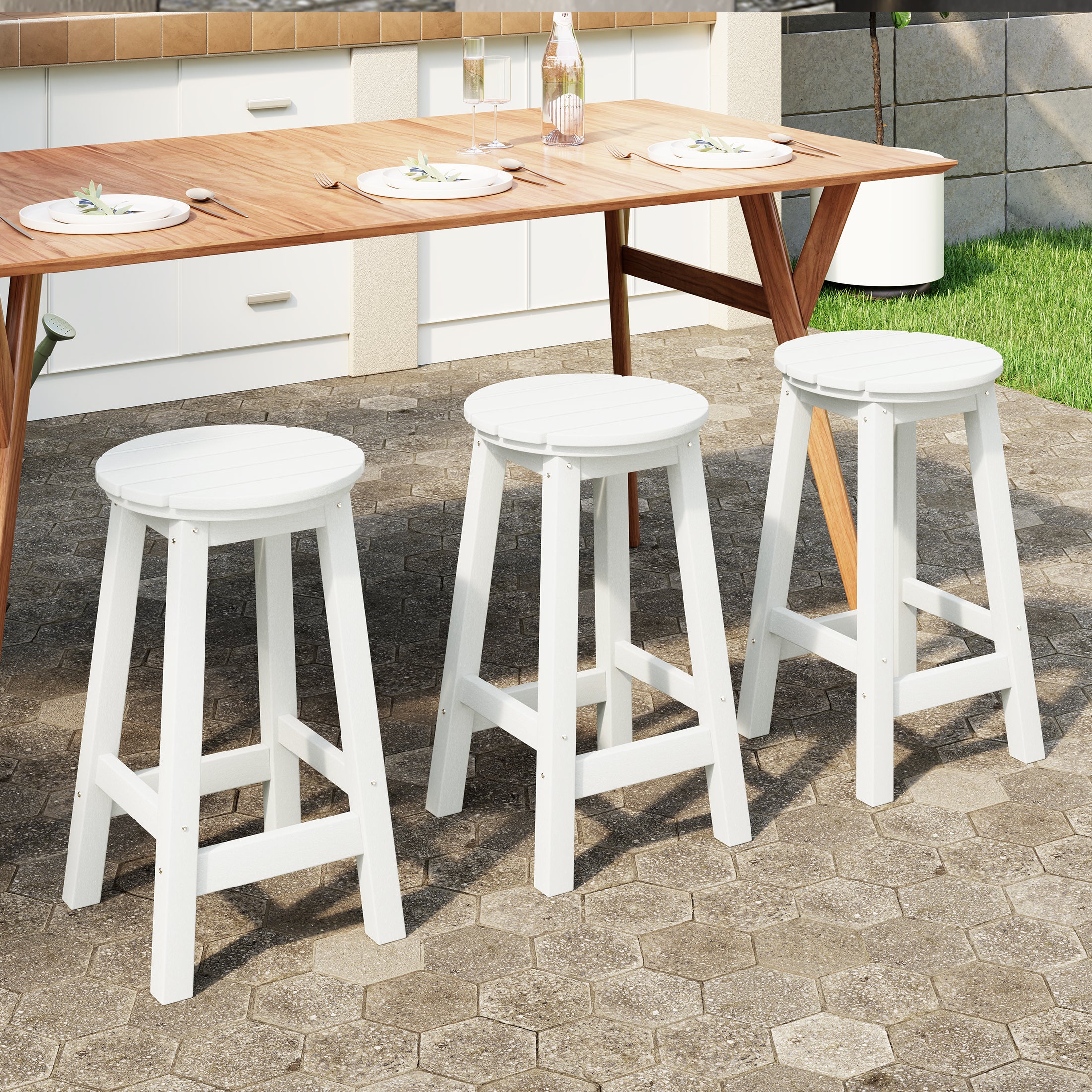 Malibu 24" HDPE Outdoor Patio Round Counter Height Bar Stool Set of 3