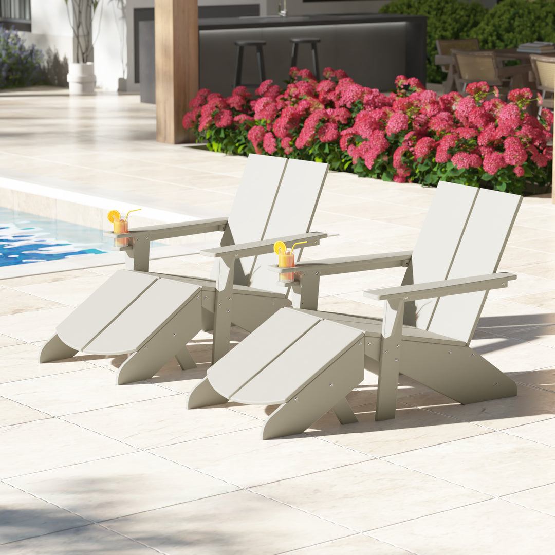 Riviera Outdoor 4-Piece HDPE Modern Adirondack Chairs Set with Folding Patio Ottomans and Cup Holder