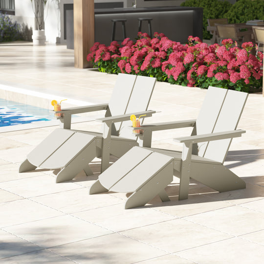 Riviera Outdoor 4-Piece HDPE Modern Adirondack Chairs Set with Folding Patio Ottomans and Cup Holder