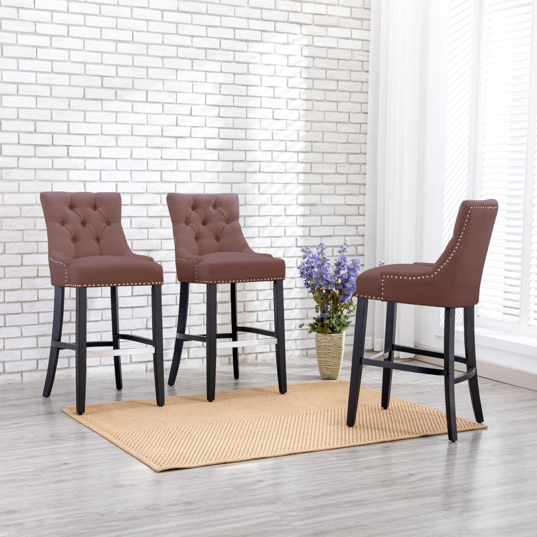 Hayes 29" Upholstered Tufted Wood Bar Stool (Set of 3), Black