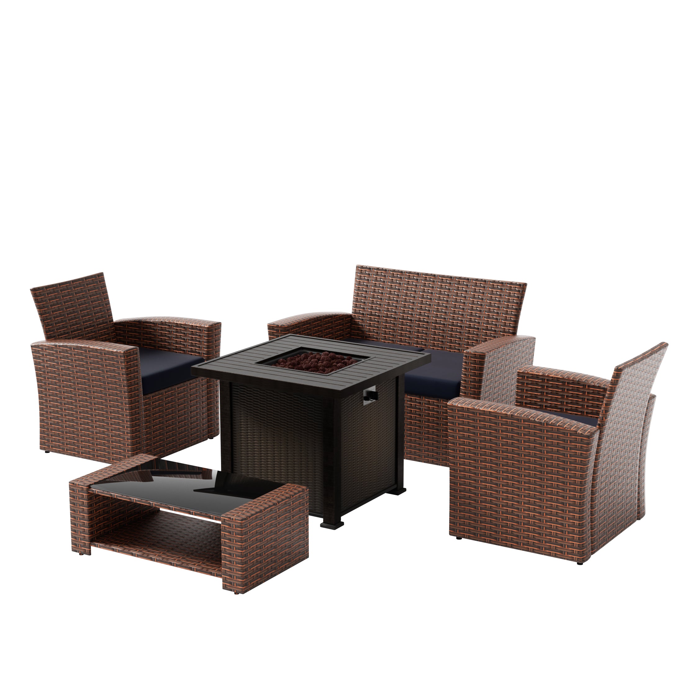 Coastal 4-Piece Conversation Outdoor Patio Sofa Set with Square Fire Pit Table, Brown