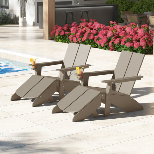 Riviera Outdoor 4-Piece HDPE Modern Adirondack Chairs Set with Folding Patio Ottomans and Cup Holder