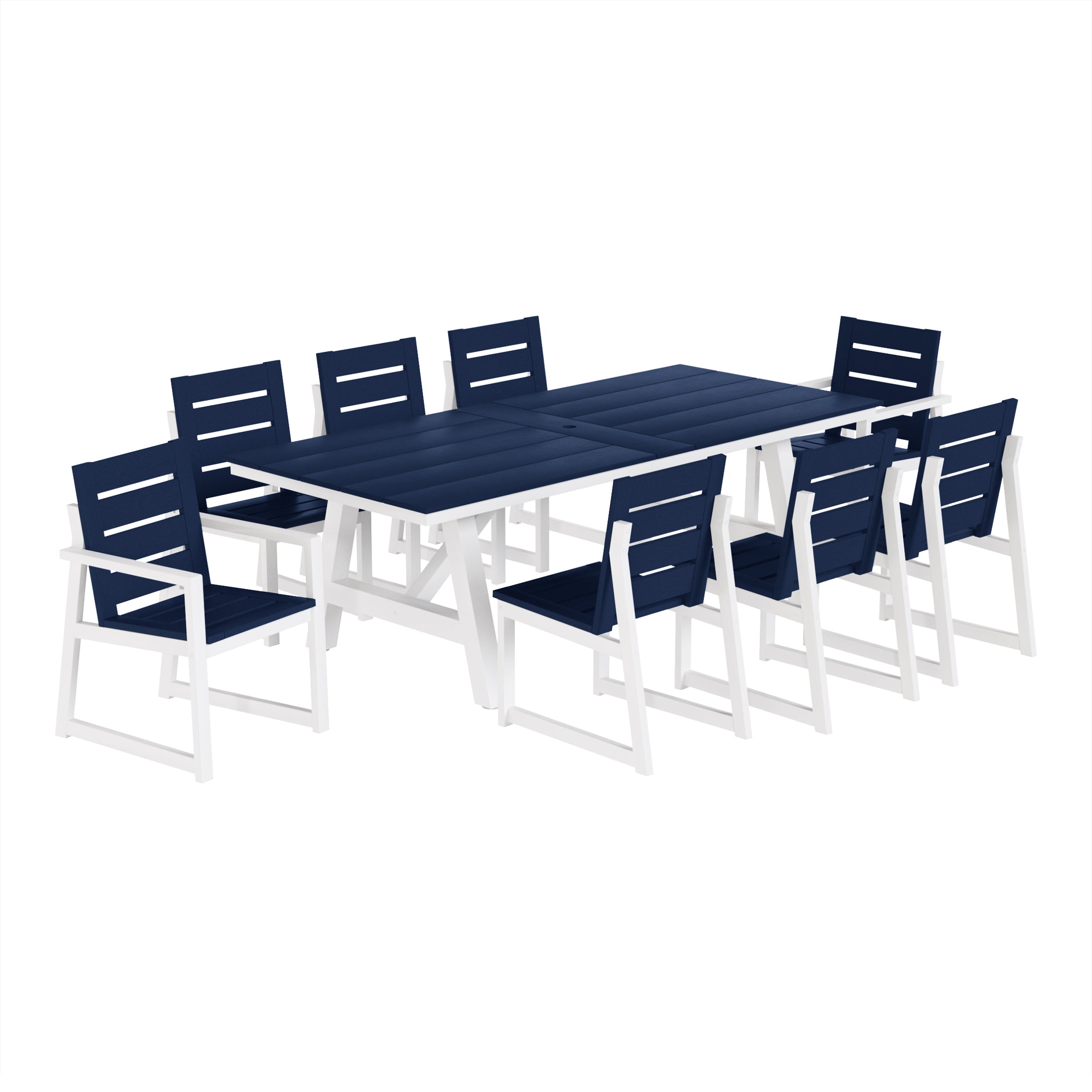 Cape May 9-Piece HDPE Outdoor Furniture Patio Dining Table With Umbrella Hole and Chairs Set For 8
