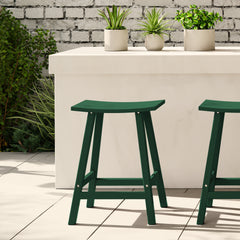 Malibu 24 inch counter height bar stool in Dark Green styled outdoors