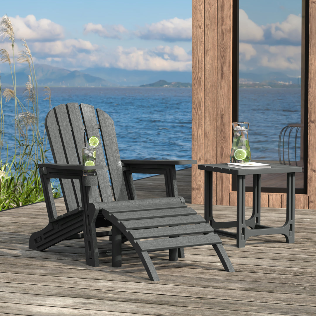 Azura 3-Piece HDPE Outdoor Patio Adirondack Chair with Ottoman and 18" Side Table Set