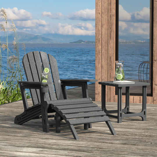 Azura 3-Piece HDPE Outdoor Patio Adirondack Chair with Ottoman and 18" Side Table Set