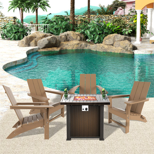 Ashore Modern Folding Poly Adirondack Chair With Square Fire Pit Table Set