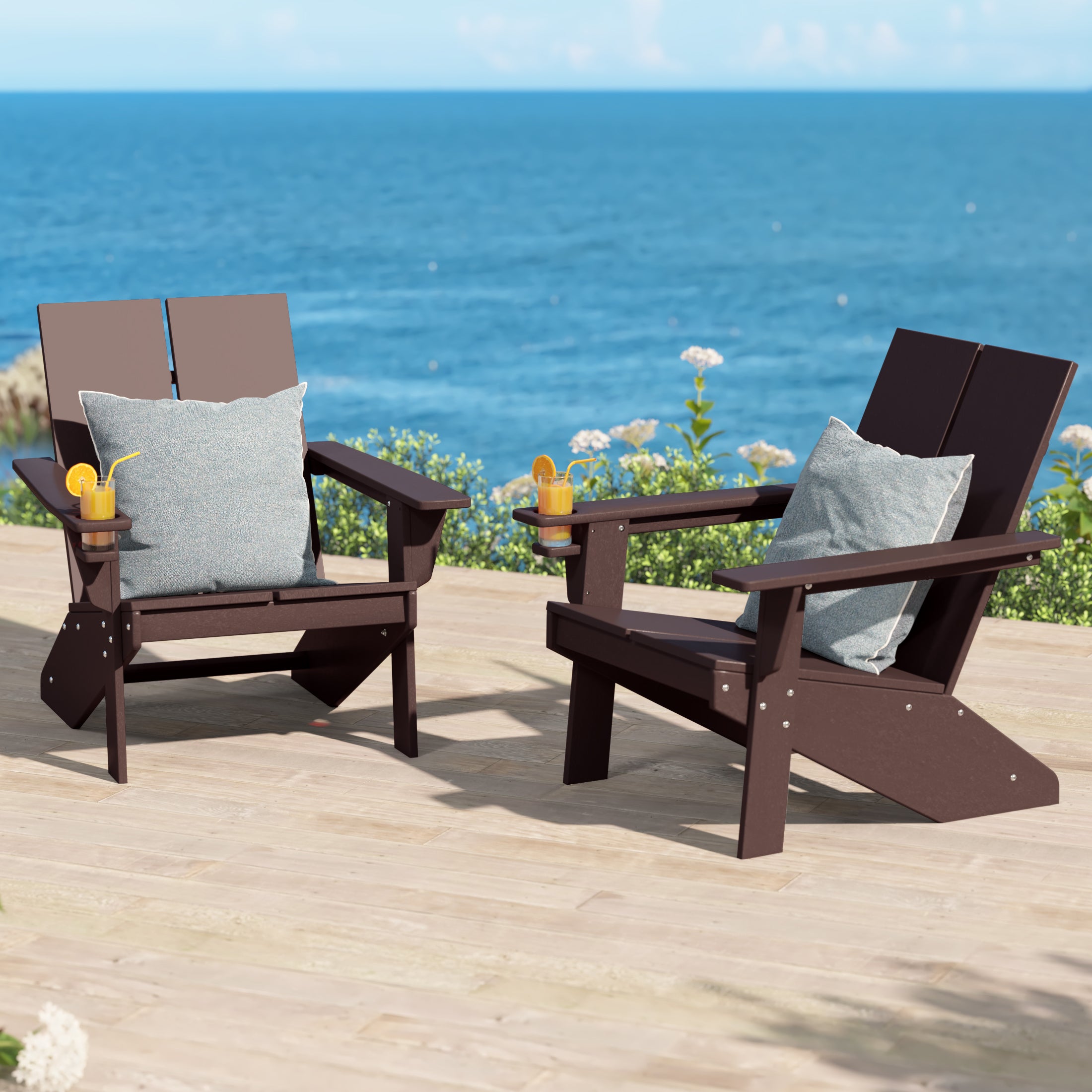 Riviera Outdoor HDPE Modern Adirondack Chair with Cup Holder (Set of 2)