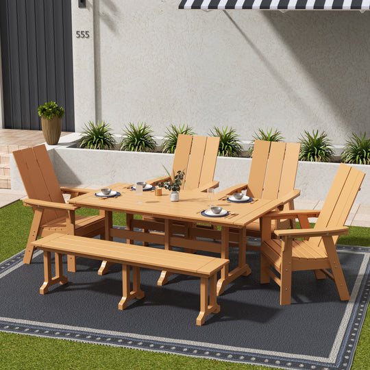 Ashore 6 Piece Outdoor Patio Rectangle Dining Table and Dining Bench Modern Armchair Set