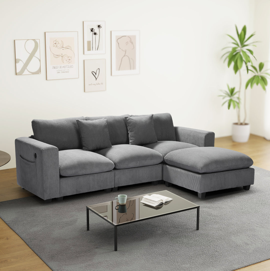Hearthside 99" Modular Corduroy L-Shaped Sectional Sofa and Chaise With USB/Type-C Ports and Side Pockets
