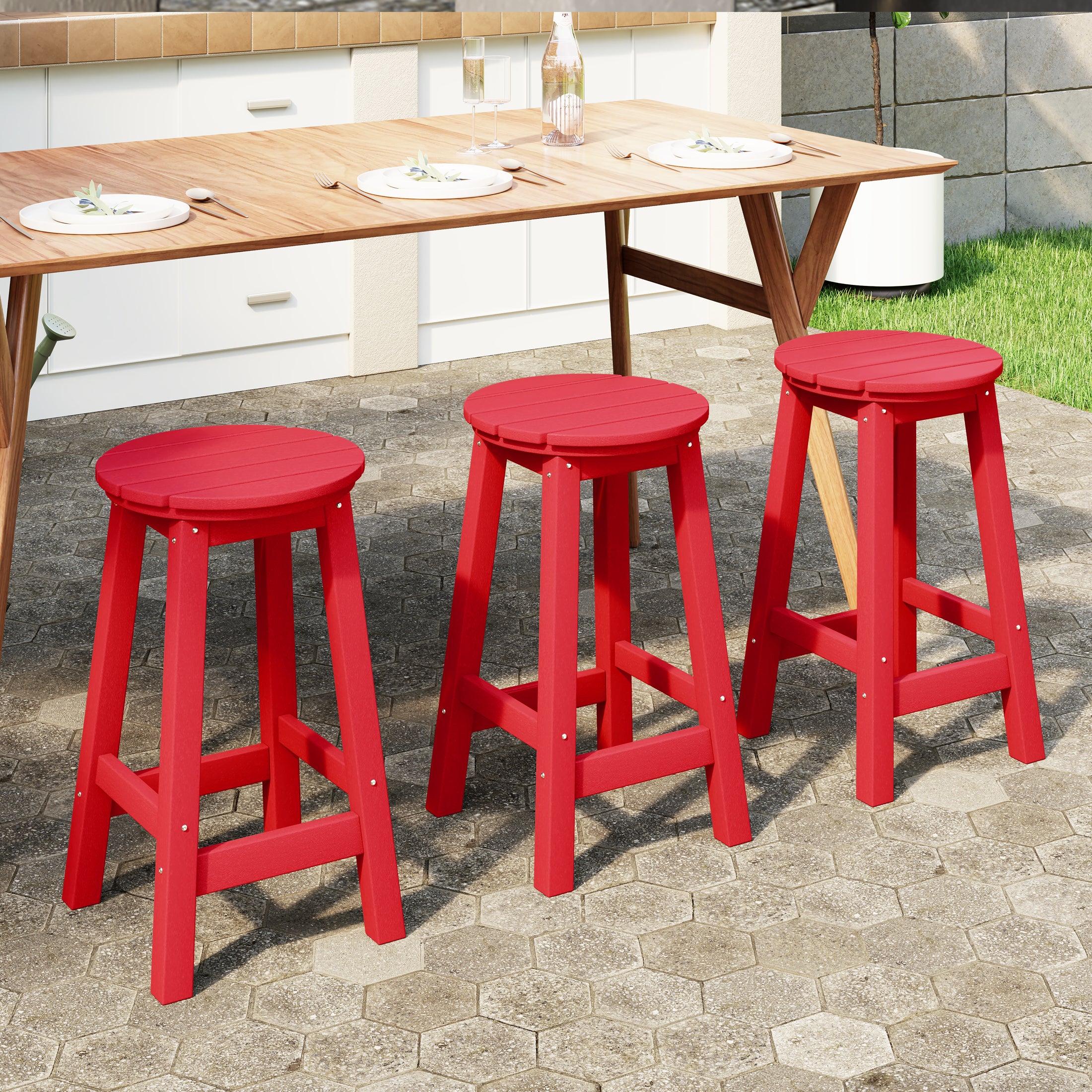 Malibu 24" HDPE Outdoor Patio Round Counter Height Bar Stool Set of 3