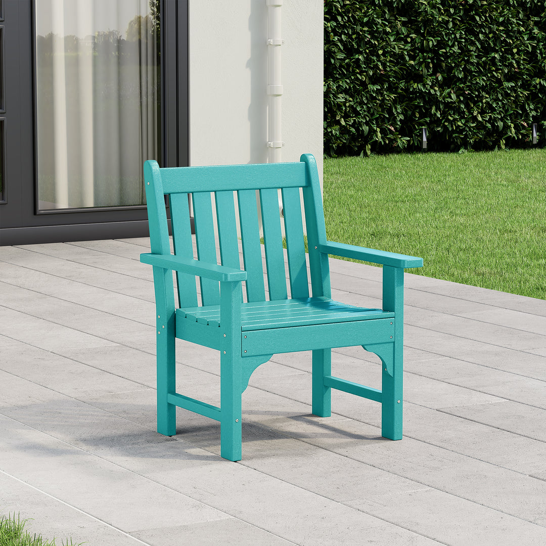 Malibu Adirondack dining arm chair in Turquoise styled outdoors