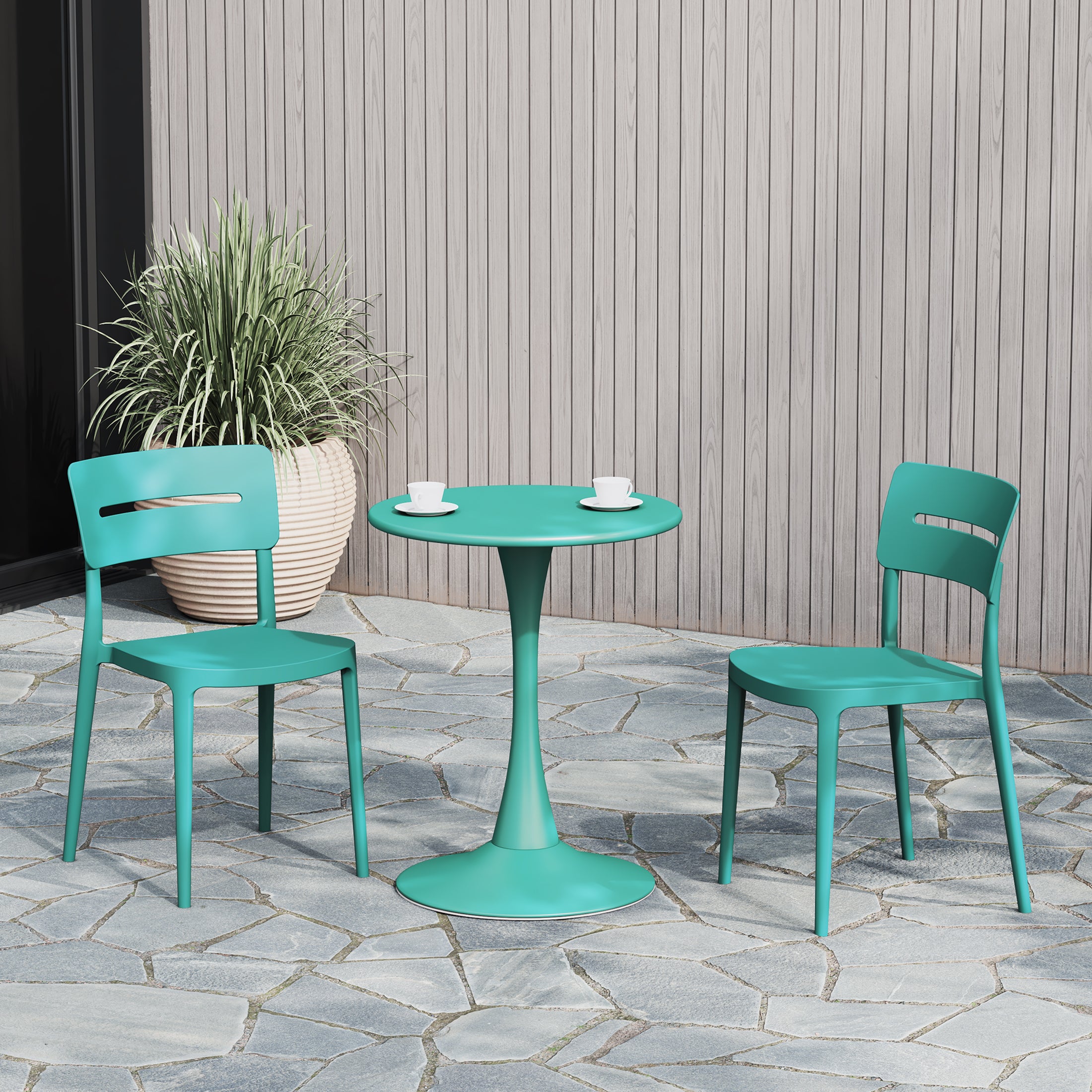 Playa 3-Piece Outdoor Round Metal Patio Dining Table Set With Stackable Patio Chairs
