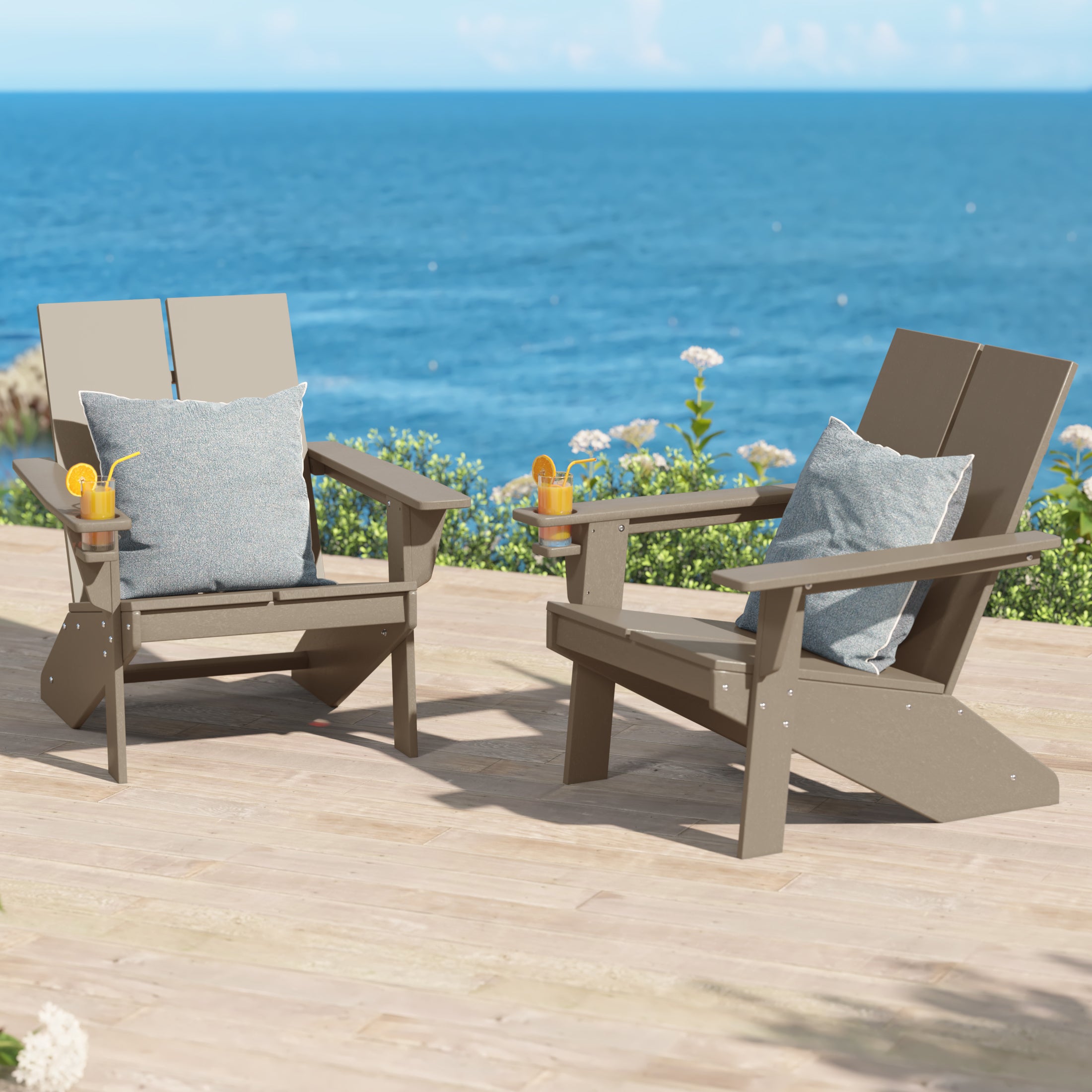 Riviera Outdoor HDPE Modern Adirondack Chair with Cup Holder (Set of 2)