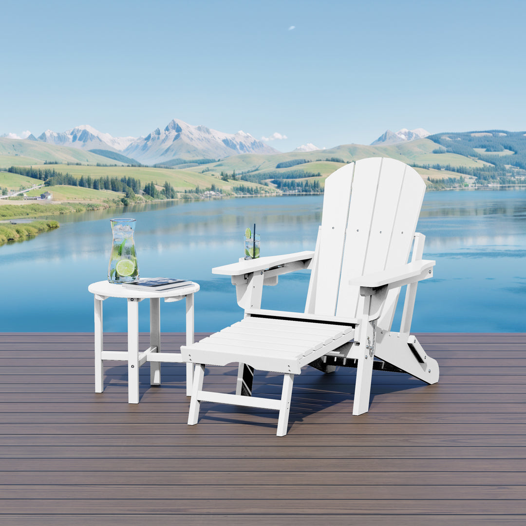 Malibu 2-Piece Outdoor Folding Adjustable Adirondack Chair with Cup Holder & Hideaway Ottoman and 18" Side Table