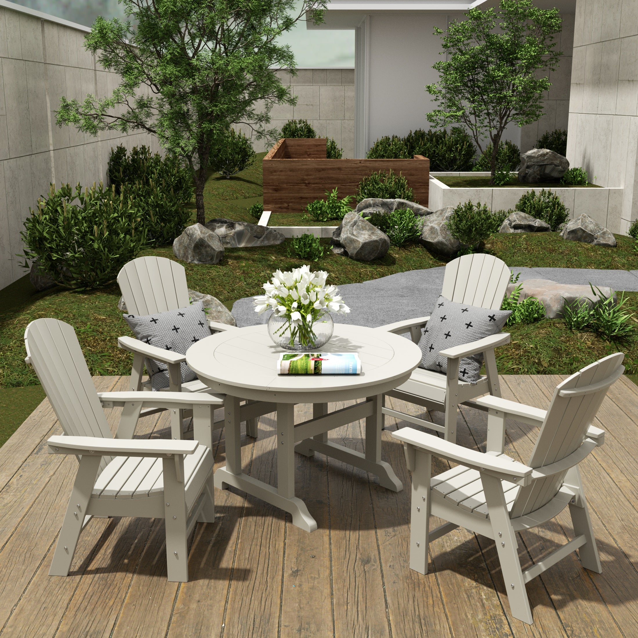 Dylan 5 Piece Outdoor Patio Dining Round Table and Shell Back Armchair Set