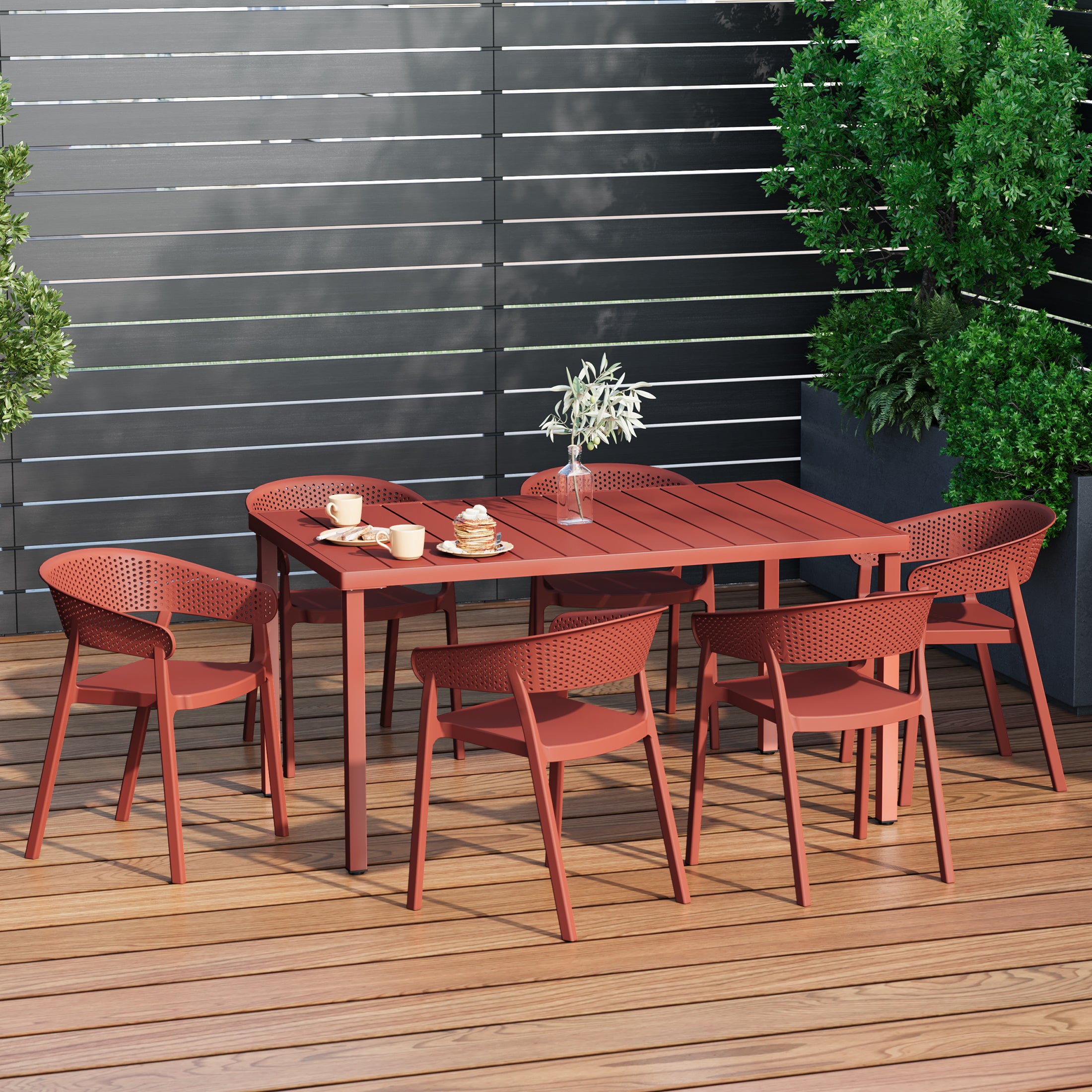 Playa 7-Piece Outdoor Metal Rectangle Patio Dining Table Set With Stackable Patio Dining Chairs