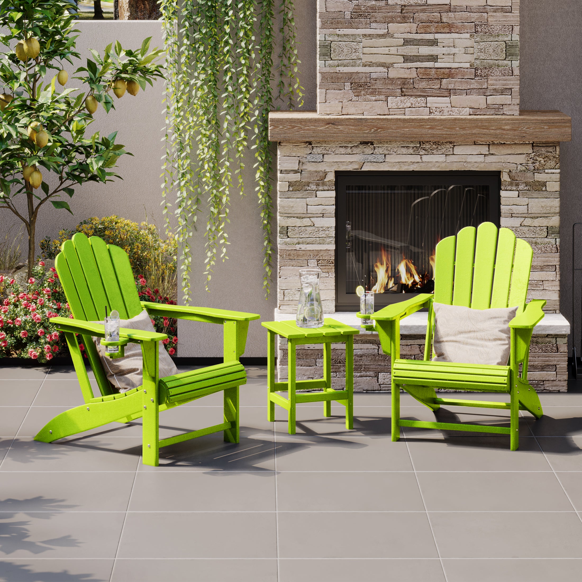 Highland 3-Piece Outdoor Patio HDPE Adirondack Chair With Cup Holder and Table Set