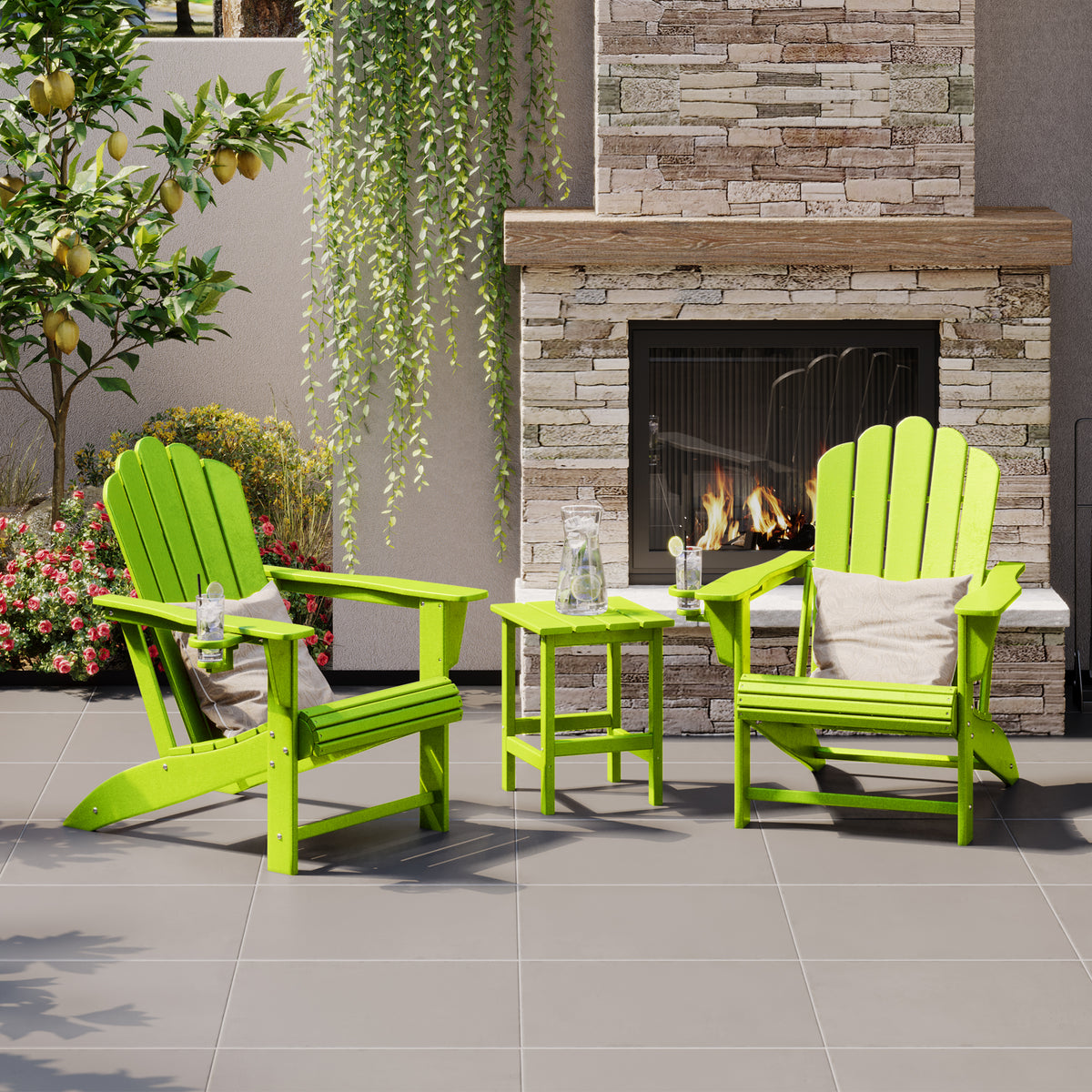 Highland Adirondack chair and table set in Lime styled outdoors