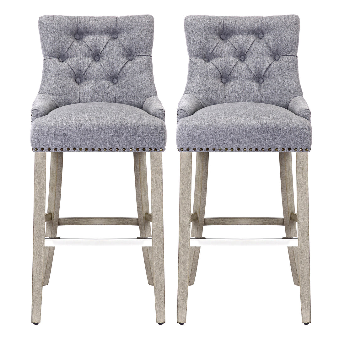 Hayes 29" Upholstered Tufted Wood Bar Stool (Set of 2), Antique Gray