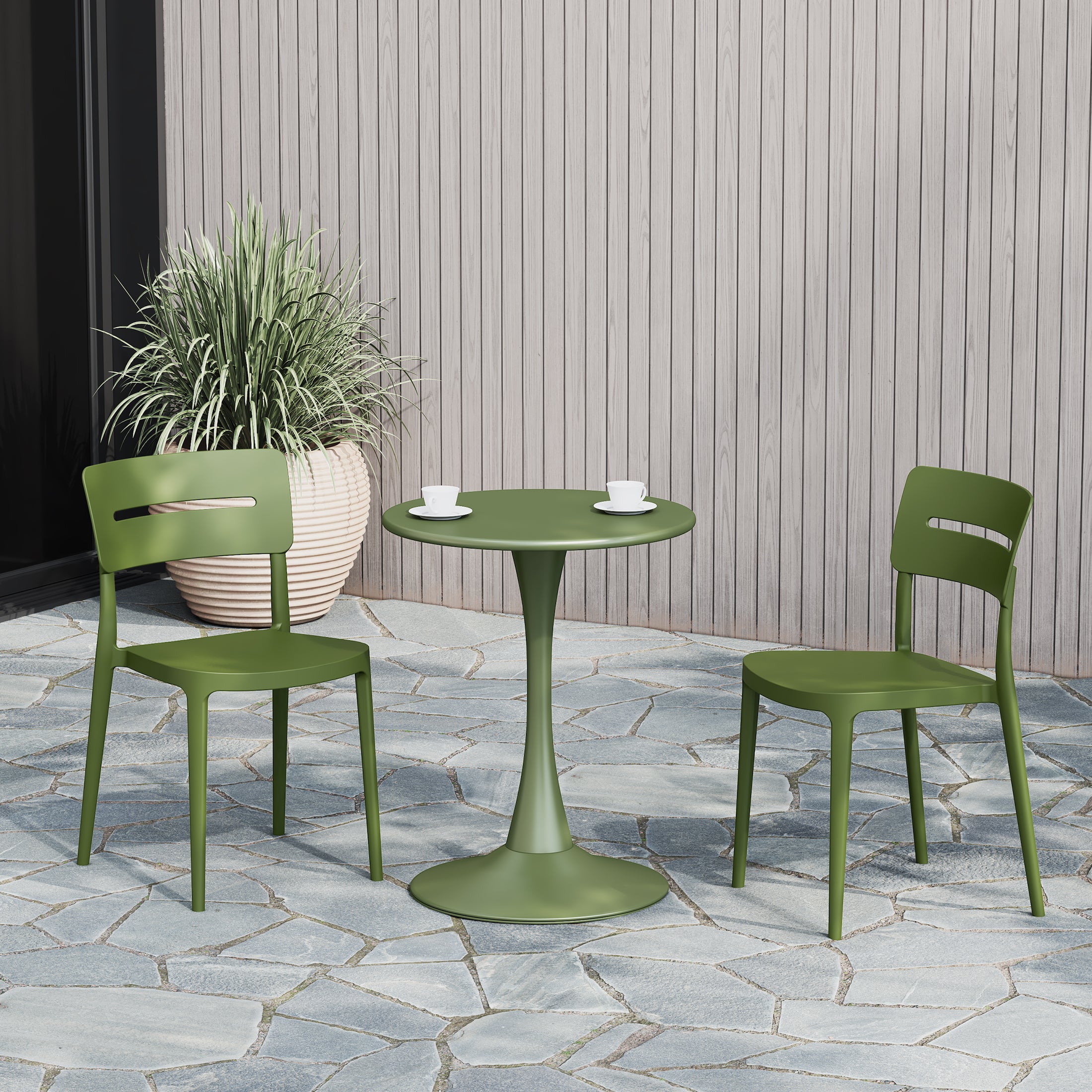 Playa 3-Piece Outdoor Round Metal Patio Dining Table Set With Stackable Patio Chairs