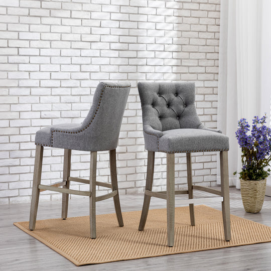 Hayes 29" Upholstered Tufted Wood Bar Stool (Set of 2), Antique Gray