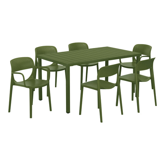 Playa 7-Piece Outdoor Rectangular Metal Patio Dining Table Set With Stackable Patio Dining Chairs