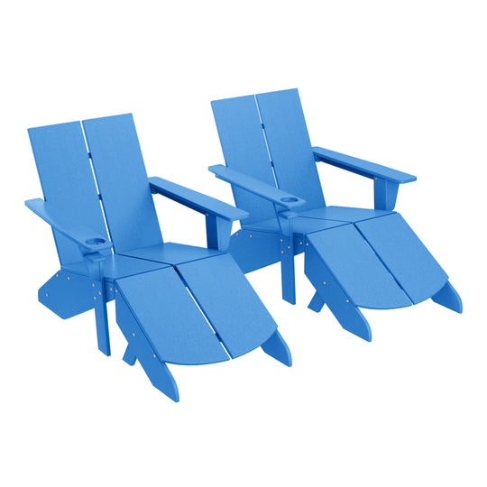 Riviera Outdoor 4-Piece HDPE Modern Adirondack Chairs Set with Folding Patio Ottomans and Cup Holder