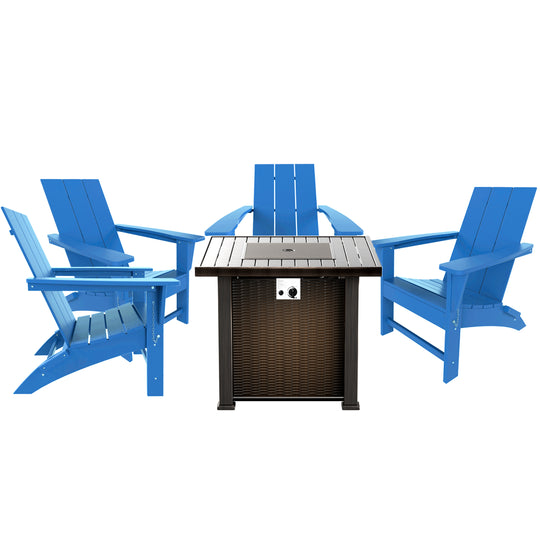 Ashore Modern Folding Poly Adirondack Chair With Square Fire Pit Table Set