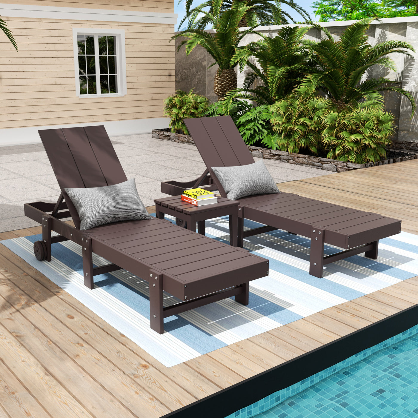 Ashore 3 Piece Modern Poly Reclining Chaise Lounge With Wheels