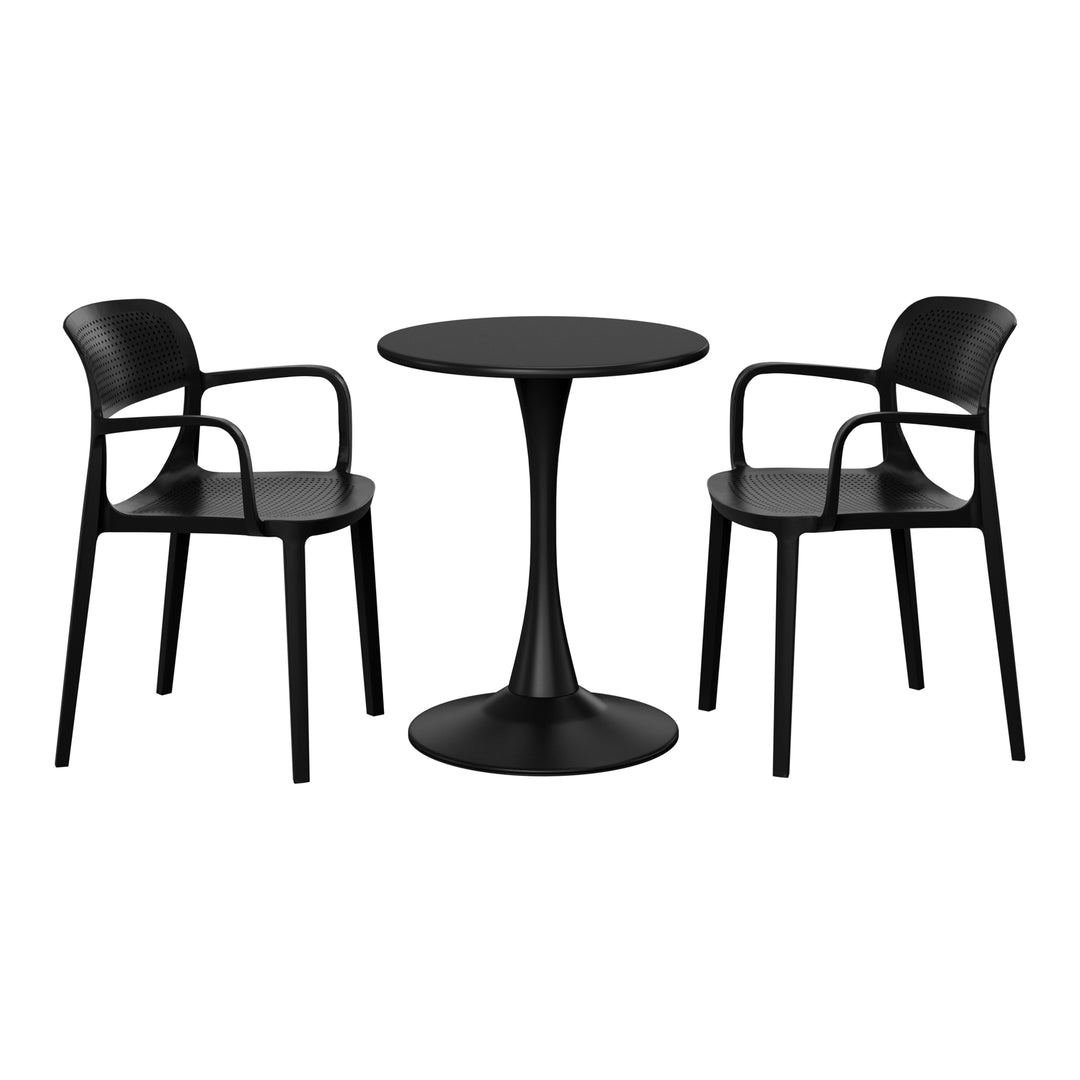 Playa 3-Piece Round Metal Bistro Dining Table Set And Stackable Resin Patio Dining Arm Chairs