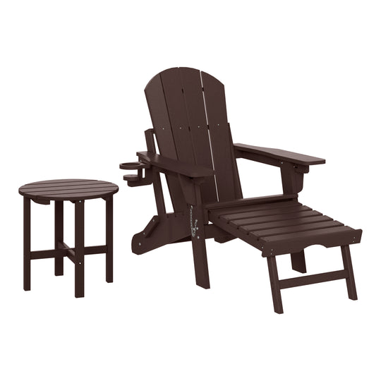 Malibu 2-Piece Outdoor Folding Adjustable Adirondack Chair with Cup Holder & Hideaway Ottoman and 18" Side Table