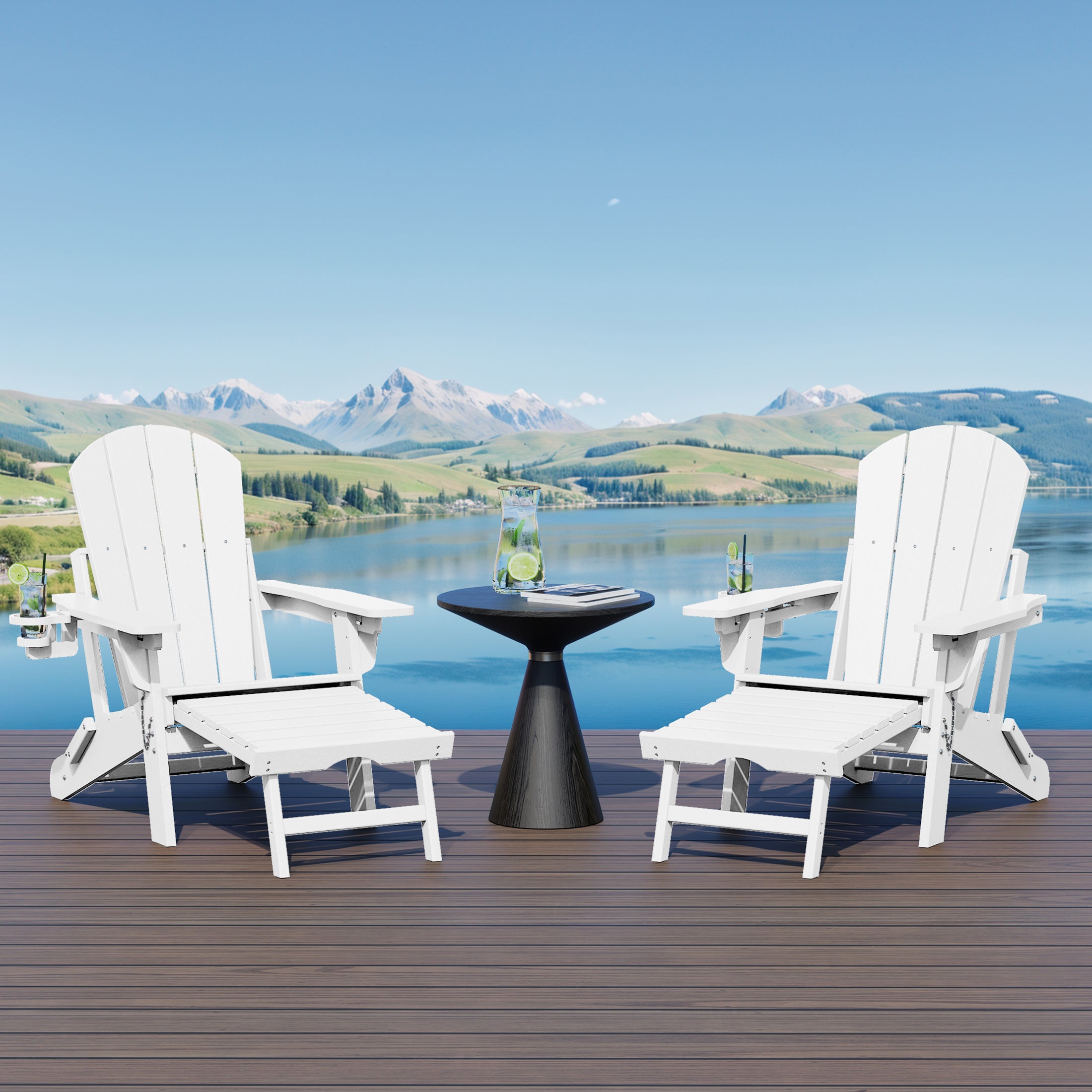 Malibu Folding Adjustable Adirondack Chair with Retractable Ottoman and Cup Holder (Set of 2)